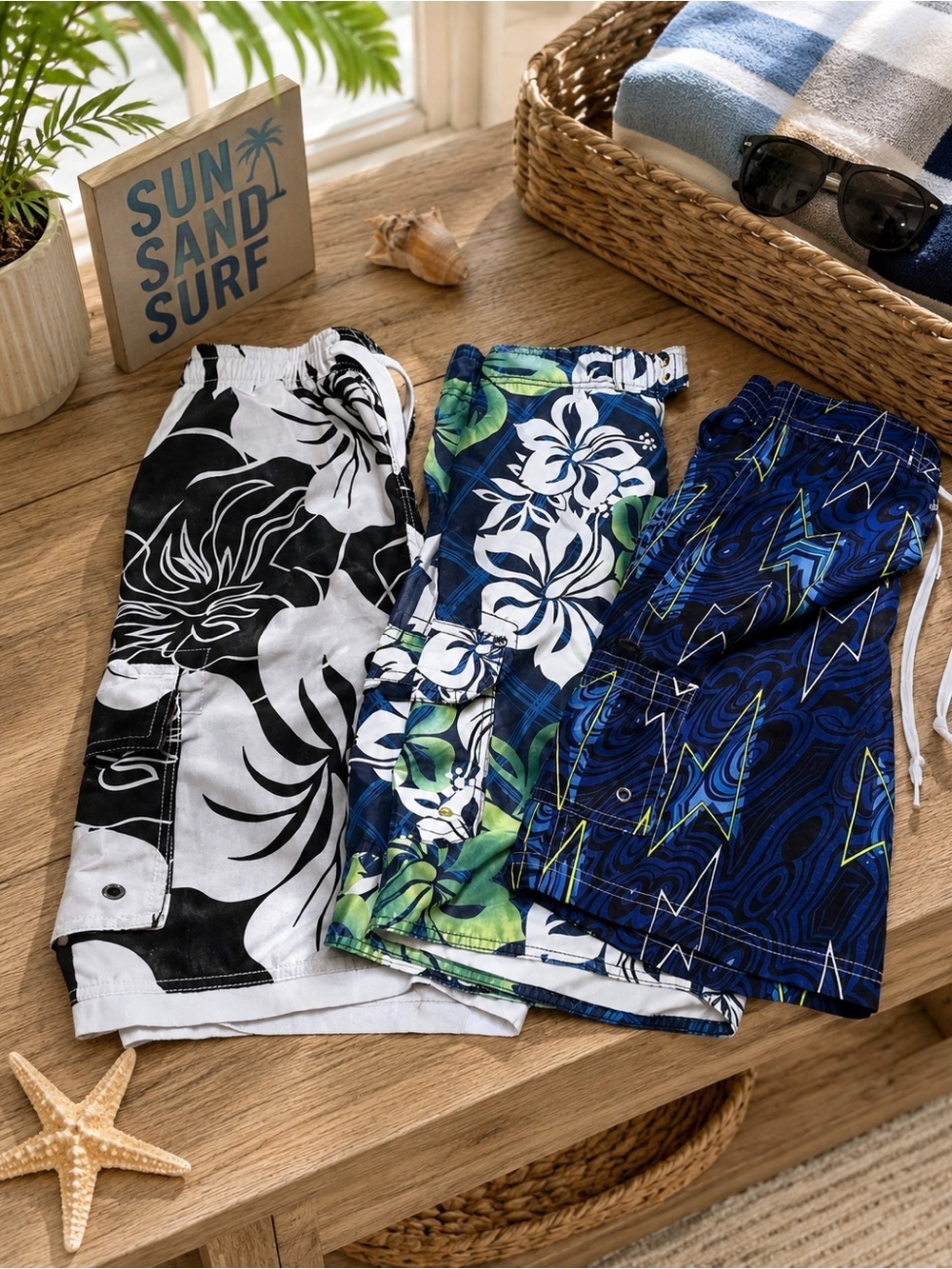 Boys Swim Shorts Lot (S–M) Tropical & Lightning Print Bundle | Summer Beach Pool